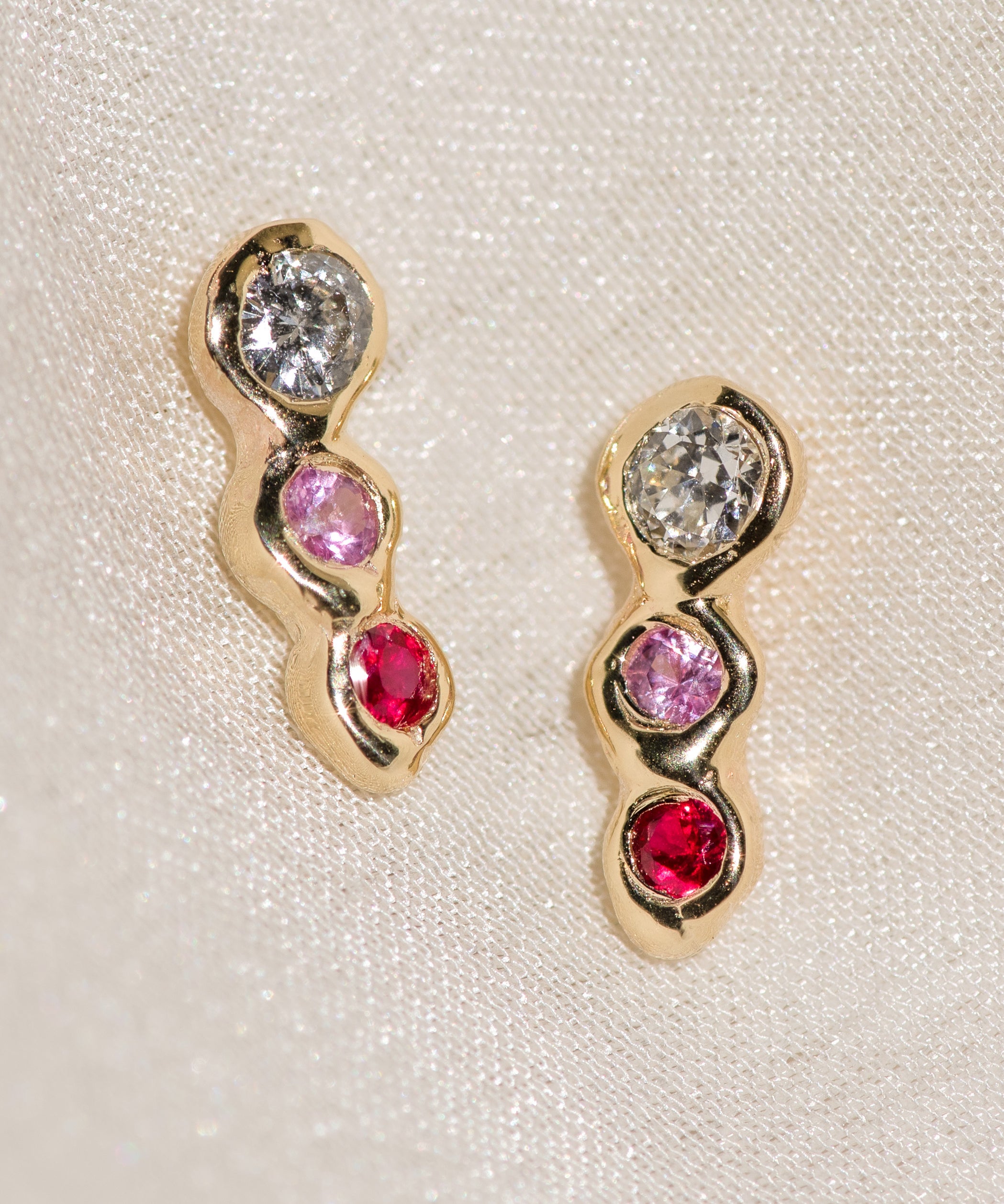 Diamond, Pink Sapphire, Ruby 14k Yellow Gold Studs