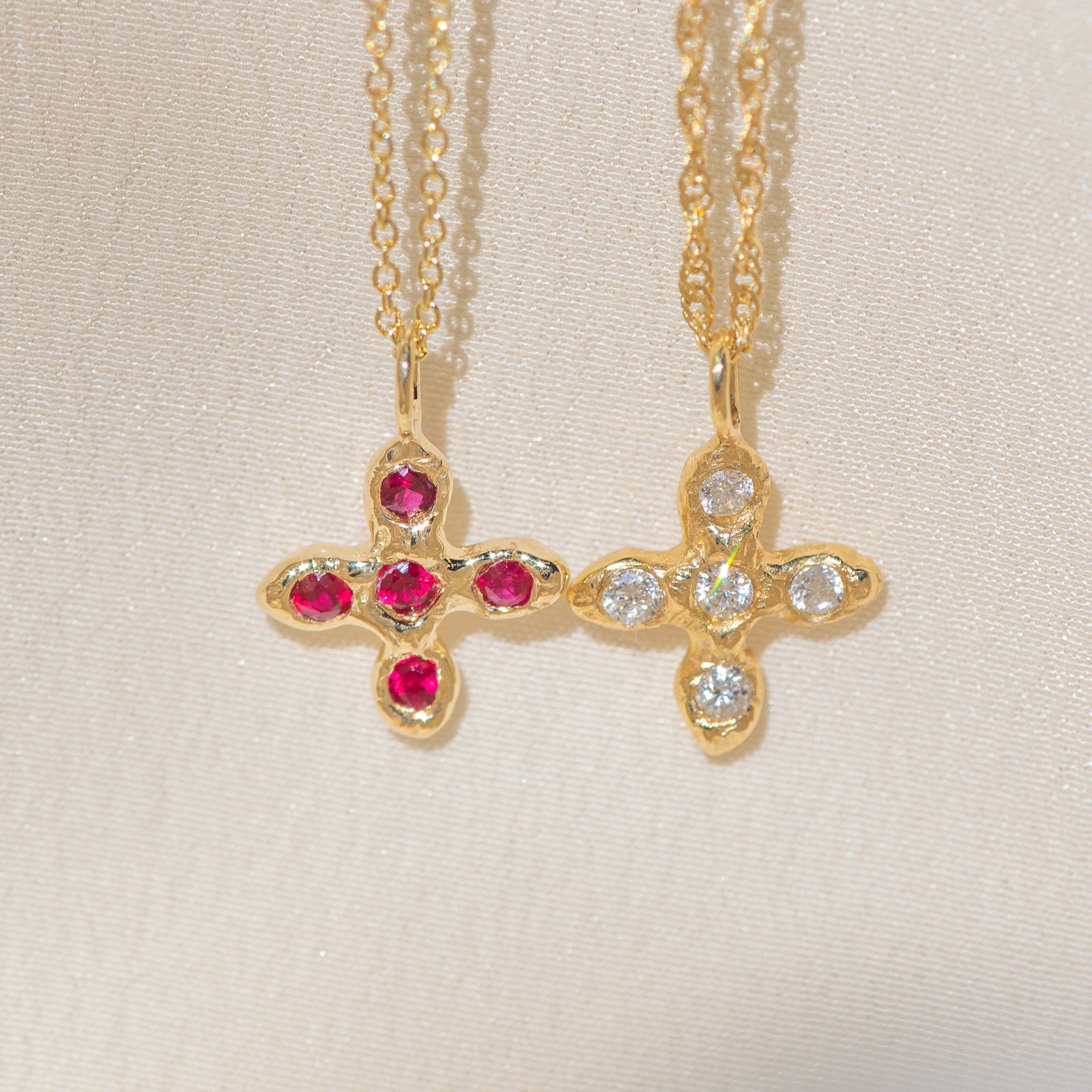 Baby Croix du Sacralité 14k gold pendant with gemstones, symbol of Divine faith and inner strength