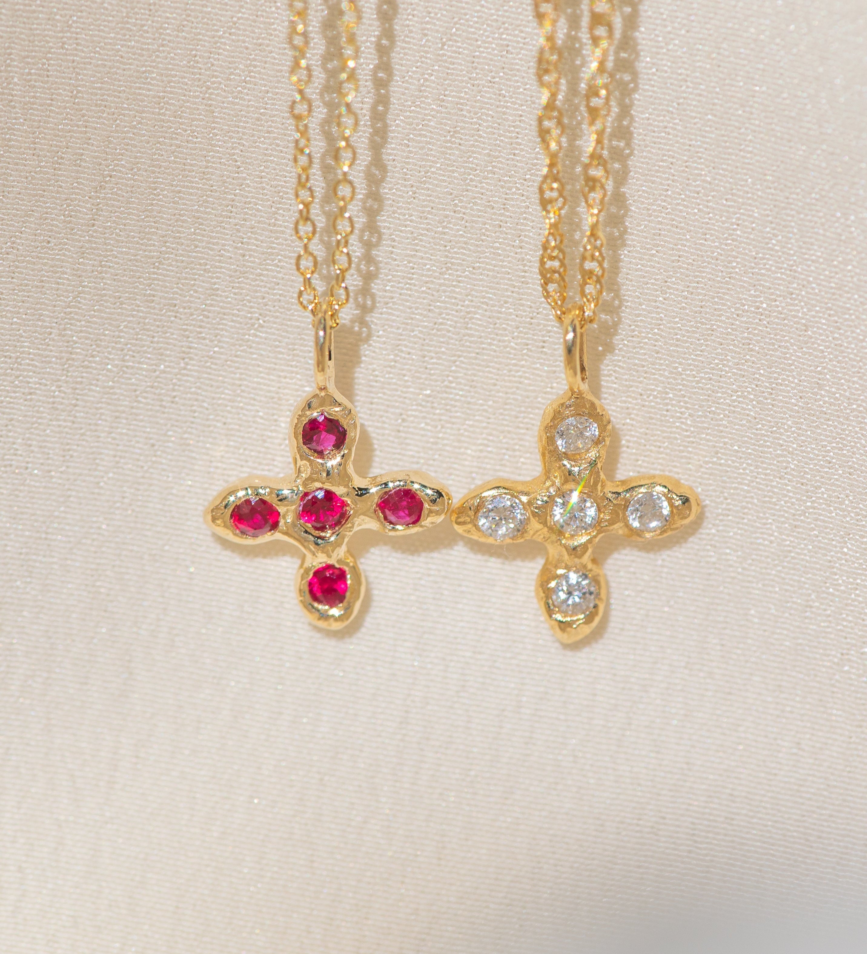 Baby Croix du Sacralité 14k gold pendant with gemstones, symbol of Divine faith and inner strength