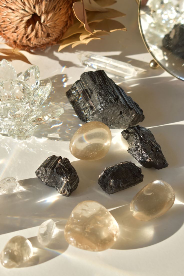 Collection of protection crystals including Black Tourmaline, Amethyst, Smoky Quartz, Obsidian, Labradorite, and Clear Quartz