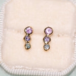 Pink Sapphire, Tanzanite and Aquamarine 14k yellow gold studs
