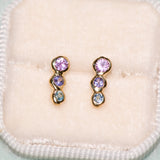 Pink Sapphire, Tanzanite and Aquamarine 14k yellow gold studs