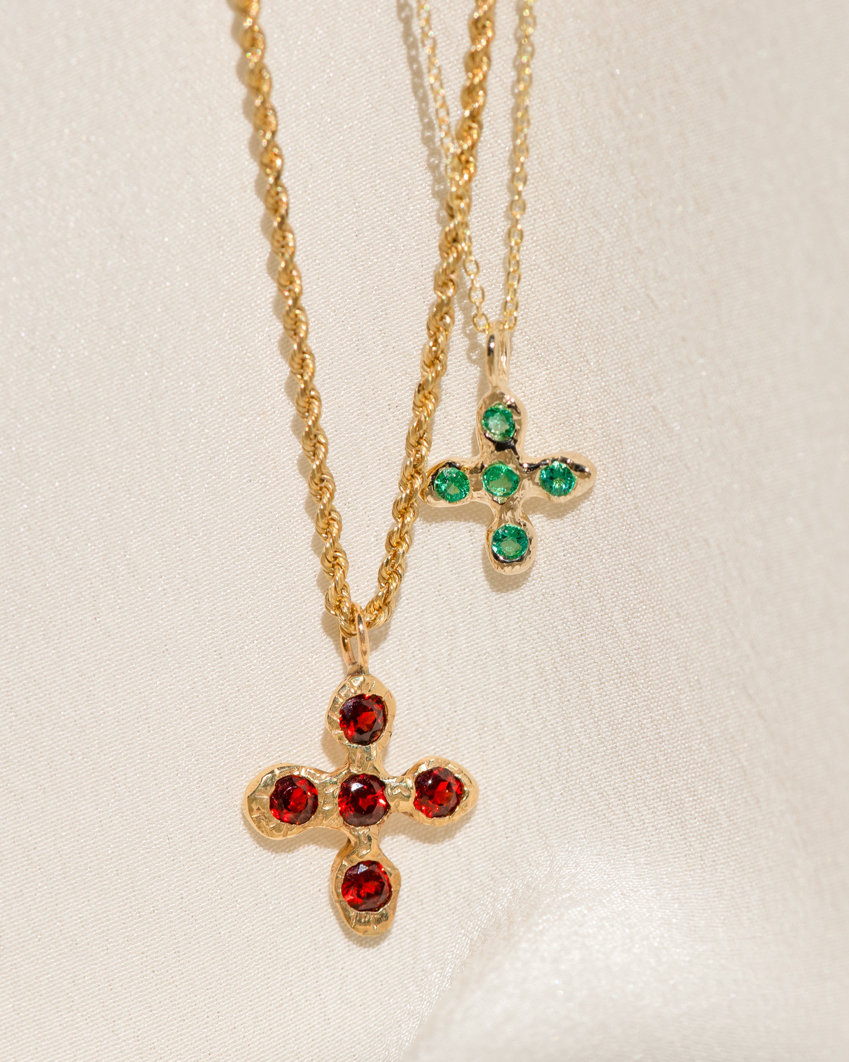 Croix in Garnet on Rope Chain & Baby Croix in Emerald