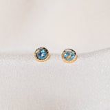 Pair of gold Heirloom Stud earrings with aquamarine stones