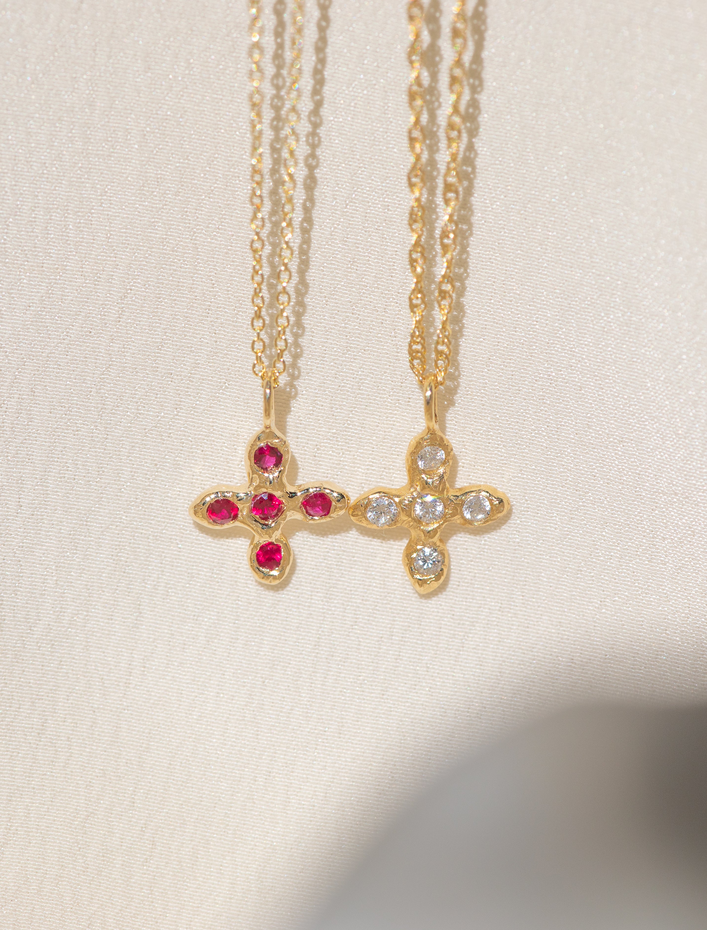 Gold Cross necklaces with Ruby and White Diamond Stones