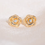 14k gold rose carved studs with aquamarine