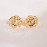 14k gold rose carved studs with aquamarine