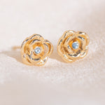14k gold rose carved studs with aquamarine