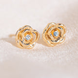 14k gold rose carved studs with aquamarine
