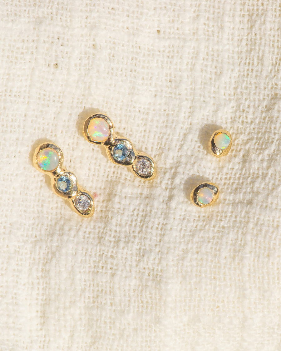 14kt Gold Studs featuring a 2mm Opal, pictured with the Droplette Studs