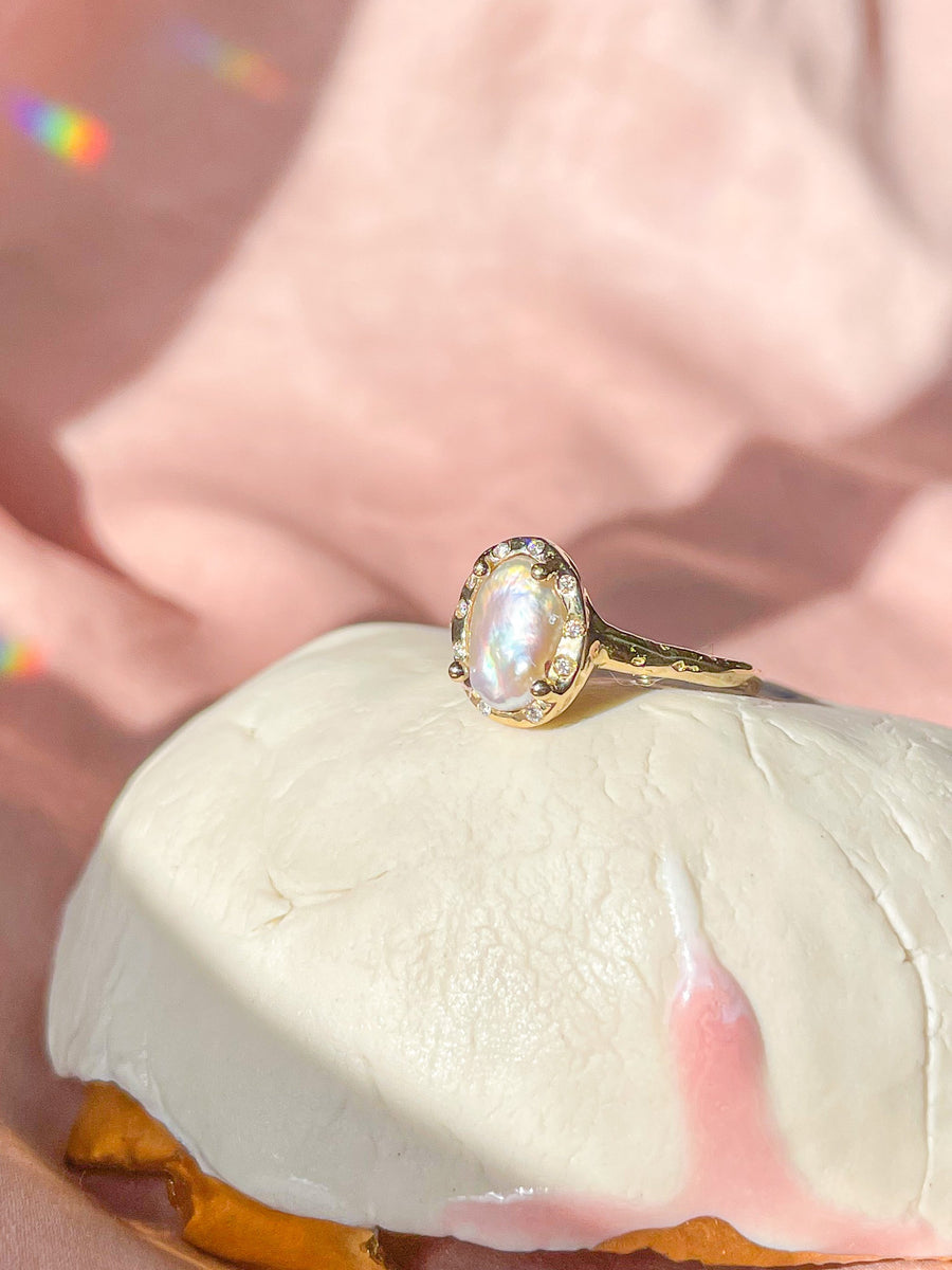 Pearl Halo Diamond Ring