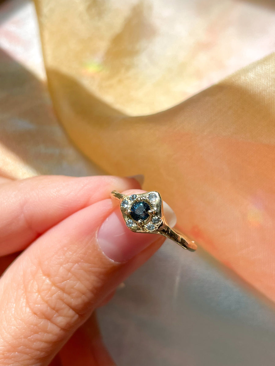 Blue Sapphire Aquamarine Halo Ring